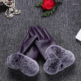 Five Fingers Gloves Women Winter Ladies And Women's Black Leather R Warm Fur Mittens Imitation Riding1