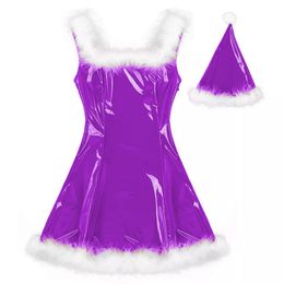 Plus Size Women PVC Wetlook Mini Dress Feather Trim Slash Neck Dress Sexy Santa Claus Cosplay Costume Christmas Uniform With Hat