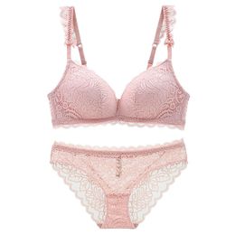 New Push Up Bra Set Sexy Women Underwear Set Lace Embroidery Pink Bow Adjusted Bras Wire-Free Lingerie Transparent Panties Set LJ201031