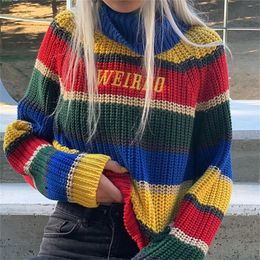 Harjuku Contrast Stripes Roll Turtle Neck Knitted Jumper Turtleneck Sweater with Embroidery WEIRDO Oversized Top For Women / 201221