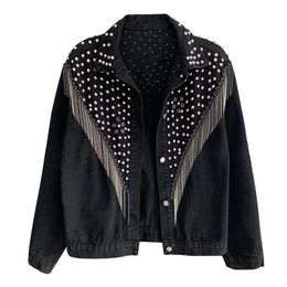 PERHAPS U Women's Denim Blue Black Gray Jacket Button Long Sleeves Jean Turn Down Collar Pocket Rivet Tassel C0505 201210