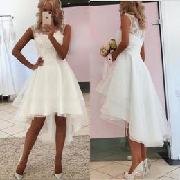 Setwell Jewel Sheer Neck A-line Wedding Dresses Sleeveless Lace Appliques Pleated Hi-Lo Beach White Bridal Gowns