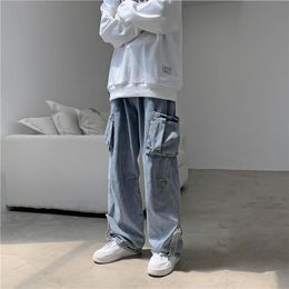 Мужские хип-хоп джинсы промытые винтажные негабаритные джинсовые брюки для мужчин Большие карманы плюс размер широкие брюки ног