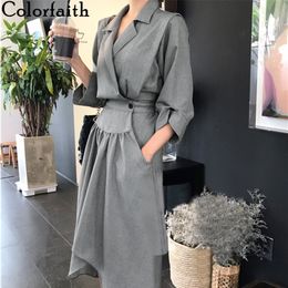 Colorfaith New Autumn Winter Women Dresses Fashionable Notched High Waist Checkered Irregular Three Quarter Dress DR0787 201125