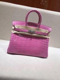 25cm Skin Designers Totes Real Shinny Pink Alligator Colour Luxury Bag Brand Handbag Fully Handmade Quality Wax Line Stitching Wholesale
