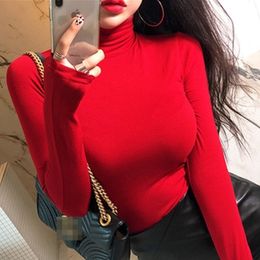 new Spring Lady Black Solid red turtleneck sexy Slim Fit Tee Women Highstreet Casual Long Sleeve Tshirt Tops female girl t shirt 201029