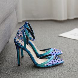 Sandals Closed Heel Fashion Womens Shoes 2022 Large Size Blue Luxury Multicolored Studded Spring High Big Pointed Stiletto Girls