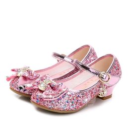 Princess Kids Leather Shoes for Girls Flower Casual Glitter Children High Heel Butterfly Knot Blue Pink Silver 220211