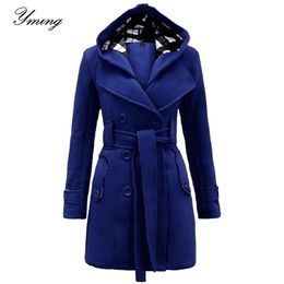 YMING Women Wnter Double Breasted Pea Long Sleeve Coat Mid Length Outwear Trench Cheque Hood Coat 201218