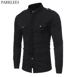 Double Pocket Military Style Black Shirt Men Casual Contrast Colour Fake Tie Social Shirt Male Slim Fit Long Sleeve Chemise C1210