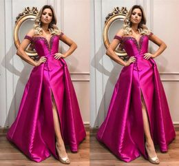2021 Fuchsia Satin Prom Evening Gowns With Split Off The Shoulder Beaded A-line Special Occasion Party Dress Women Plus Size Formal Gowns