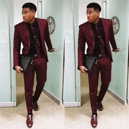 Burgundy Two Pieces Men Suits Slim Fit Wedding Grooms Tuxedos Cheap One Button Formal Prom Business Suit (Jacket +Pants) 201027
