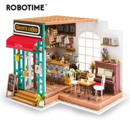 Robotime DIY Simon's Coffee with Furnitures Children Adult Miniature Wooden Doll House Model Building Kits Dollhouse Toys DG109 201215