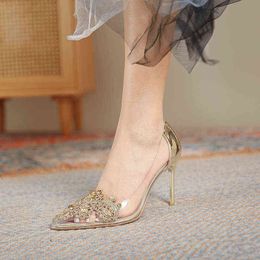 Sandals Designer Fashion Pointed Transparent High Heels Luxury Rhinestone Stiletto Pumps Party Wedding Shoes Women 220304