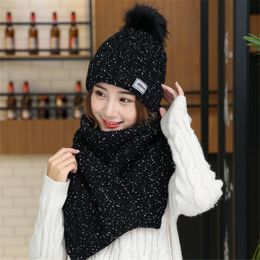 Winter Hats Women With Scarf Velvet Beanie Cap Lady Warm Wool Ball Hat Female Sweet Cute Knitted Earmuffs Caps Set