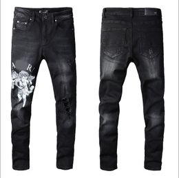 Mens Plated Ripped Blue Skinny Jeans Fashion Designer Distressed Slim Fit Motorcycle Biker Hole Beggar Hip Hop Denim Pants #035 Best quality