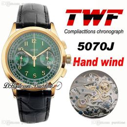 TWF Platinum Compliacttions Chronograph 5070J Hand Winding Automatic Mens Watch 18K Yellow Gold Green Dial Black Leather PTPP Puretime P5c3