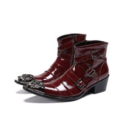 Man Large Size Wine Red Party Boots Metal Pointed Toe Men Buckle Leather Boots Man High Heel Ankle Boots