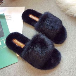 Women Autumn Winter Casual Fur Slippers Flat Non-slip Solid Real Fox Fur Slides Fluffy Slippers Ladies Shoes Woman Y220307