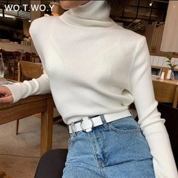 WOTWOY Casual Basic Turtleneck Sweater Women Solid Long Sleeve Knitted Pullovers Women Autumn Winter Slim Fit Sweater Pink 201111
