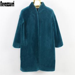 Nerazzurri Real fur coat female Medium plus size shearling sheep fur jacket 5xl 6xl 7xl drop shoulder warm lamb wool natural fur 201103