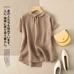 2020 Summer New Fashion Women Short Sleeve Loose Shirts All-matched Casual Peter Pan Collar Cotton Linen Blouse Plus Size M156 H1230