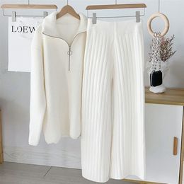 Knitted Wide-leg Pants and Sweaters Women's Tracksuit Autumn Winter Casual Solid White Long Sleeve Jumpers Female 2 Pieces Set 220315