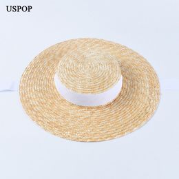 USPOP summer hats women sun french style wide brim casual natural wheat straw lace-up beach hat shade Y200602