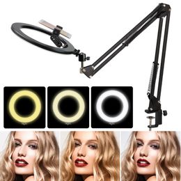 Multi-function Photography 26cm LED Selfie Ring Light Long Arm Clip Phone Holder Makeup Video Live 3 Colour Dimmable Ring Light