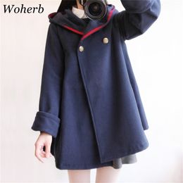 Woherb Japanese Harajuku Winter Coat Women Thick Loose Hooded Cloak Outwear Wool Coats Ladies Cape Femme 20408 201218