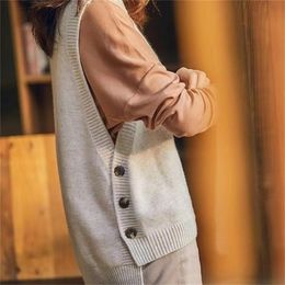 College style hem three button sweater knitted vest women solid o neck sleeveless 201221
