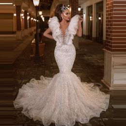 Princess Mermaid Wedding Dresses Deep V Neck Lace Bridal Gowns Ruffles Sweep Train Sequined Wedding Dress