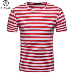 O-Neck Cotton Tee 2020 Spring Summer New Casual Short Sleeve T Shirt Men Brand Clothing Red White Striped T-Shirt Homme S-XXL