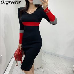 New Fall Winter Sweater Dress Women Fashion V-neck Full Sleeve Colour Patchwork Sheath Knitted Dress Vestidos Female 201028