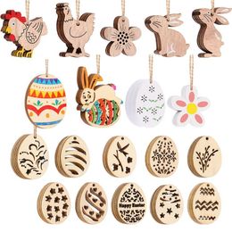 Easter Carved Wooden Egg Hanging Pendants Party Home Decorations Pendant 10Pcs DIY Ornaments Creative Wooden Craft Party Favour 10Pcs ZYY193