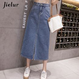 Jielur Women Skirt Demin Korean Style High Waist Skirts Jeans Ladies Plus Size S-5XL Ladies Causal Pockets Faldas Largas Verano 201109
