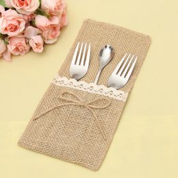 50pcs Burlap Lace Cutlery Pouch Wedding Tableware Party Christmas Decoration Holder Bag Hessian Rustic Jute