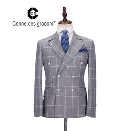 Cenne Des Graoom New Men Suit Plaid Double Breasted Two Pieces Six Button Slim Fit High Quality Wedding Party Costume DG-MT 201106