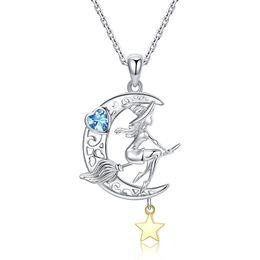 Neue 925 Sterling Silber Schöne Hexe Anhänger Kette Zirkon Mond Stern Halskette für Frauen Mode Halloween Schmuck Freies Schiff Q0531