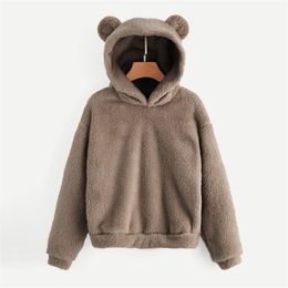 Fluffy hoodies Women kawaii Sweatshirt cute bear ear cap Autumn Winter Warm pullover Long Sleeve outwear Fleece coat moletom LJ201103