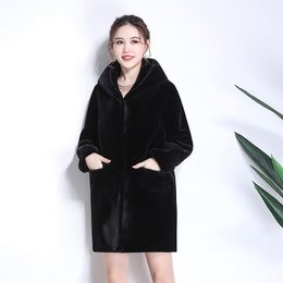 Nerazzurri winter women fur coat with hood long sleeve red black warm fur pockets plus size plush fluffy fake fur jacket 5xl 6xl 201212