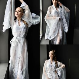 Sexy Illusion Lingerie Night Robes Women Lace Appliques Long Sleeve Dress with Belt Both Robe Formal Event Night Sleepwear