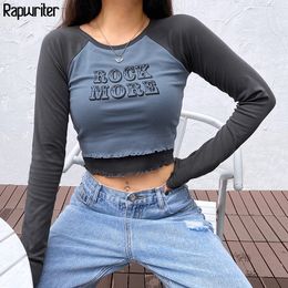 Fake 2 Pieces Contrast Colour y2k Crop Tops Women Hot O-Neck Long Sleeve Casual t shirt Tee Shirt Femme Streetwear Rawpriter 201125