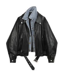 New women's cool fashion turn down collar denim jeans patched PU leather loose jacket coat plus size casacos