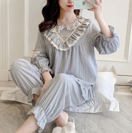 Women's Lolita Grey Colour Ruffles Pyjama Sets.Vintage Ladies Cotton Princess Pyjamas Set.Girl's Sleep Loungewear Nightclothes T200707