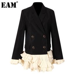 [EAM] Women Black Hem Pleated Ruffles Blazer Dress New Lapel Long Sleeve Loose Fit Jacket Fashion Spring Autumn 1DD0277 201201