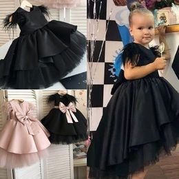 Puffy Pink Satin Bow Flower Girl Dresses Kids Cap Feather Sleeves Communion Ball Gown Girls Pageant Dress Princess Dream Dresses P114