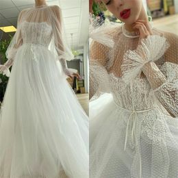 High Neck A Line Wedding Dresses Princess Long Sleeves Full Lace Vestidos De Novia Sexy Illusion Custom Made Sweep Train Bridal Gowns