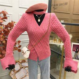 New design women's halter neck coarse wool knitted hollow out cutout sexy sweater tops jumper shirt