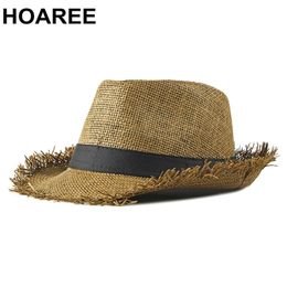 HOAREE Beach Hat Men Summer Panama Cap Casual Trilby Fedora Hat Male Straw Hat UV Protection Wide Brim Sombrero Y200714